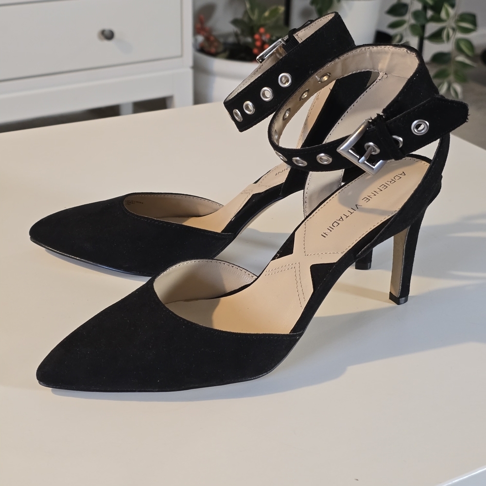Adrienne Vittadini Black Suede Leather High Heel Ankle Strap Shoes
